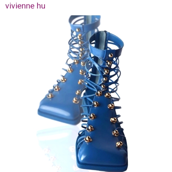 Vivienne Hu Cobalt Blue Patent Gladiator Sandals Sz. 9.5 New Bold Designer Style - Picture 2 of 14